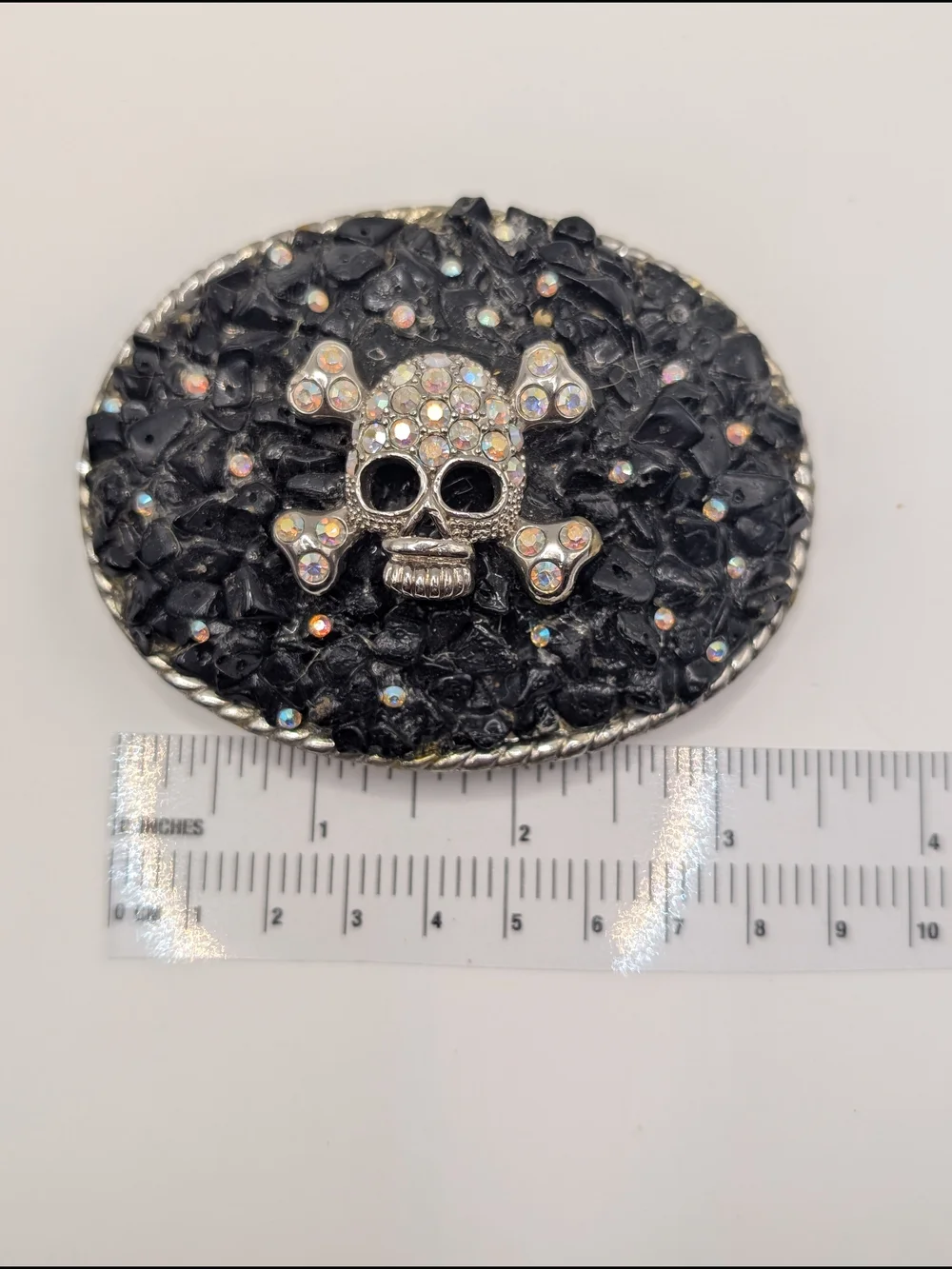 Vintage ATI Skull Crossbones Belt Buckle Black Stone AB Rhinestone Y2K McBling